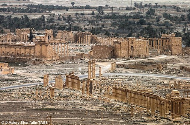 Destroyed: Moscow’s defence ministry said Russian aircraft carried out 146 strikes on ‘terrorist targets’ in the Palmyra area (pictured, the historic city) between Wednesday and last Sunday